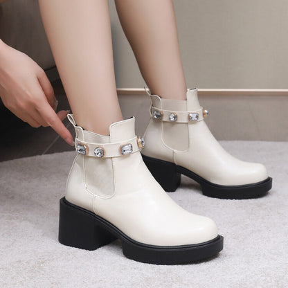 Women's Rhinestone Stretch Block Chunky Heel Platform Short Boots