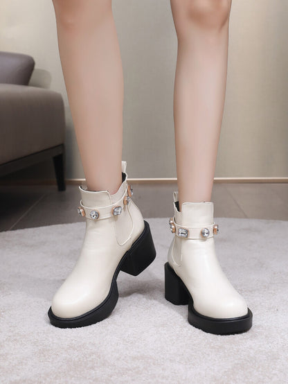 Women's Rhinestone Stretch Block Chunky Heel Platform Short Boots