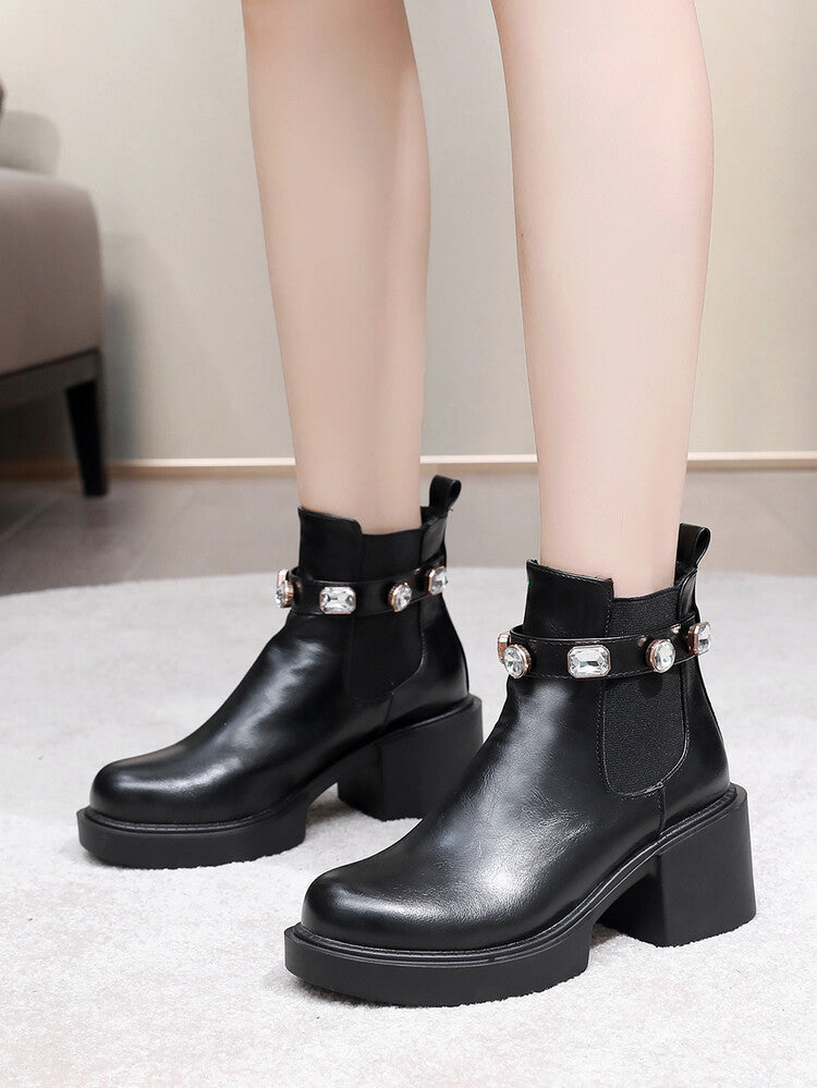 Women's Rhinestone Stretch Block Chunky Heel Platform Short Boots