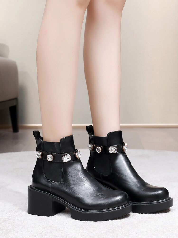 Women's Rhinestone Stretch Block Chunky Heel Platform Short Boots