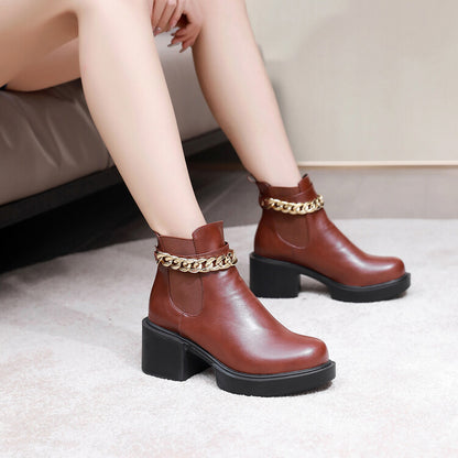 Women's Metal Chains Ankle Strap Stretch Block Heel Platform Short Boots