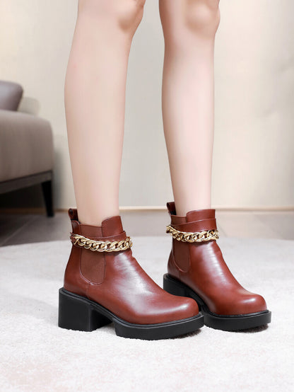 Women's Metal Chains Ankle Strap Stretch Block Heel Platform Short Boots