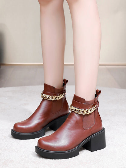 Women's Metal Chains Ankle Strap Stretch Block Heel Platform Short Boots