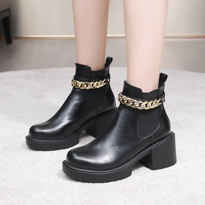 Women's Metal Chains Ankle Strap Stretch Block Heel Platform Short Boots