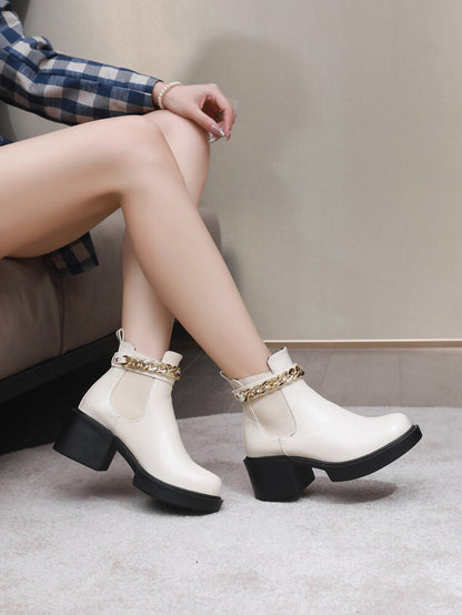 Women's Metal Chains Ankle Strap Stretch Block Heel Platform Short Boots