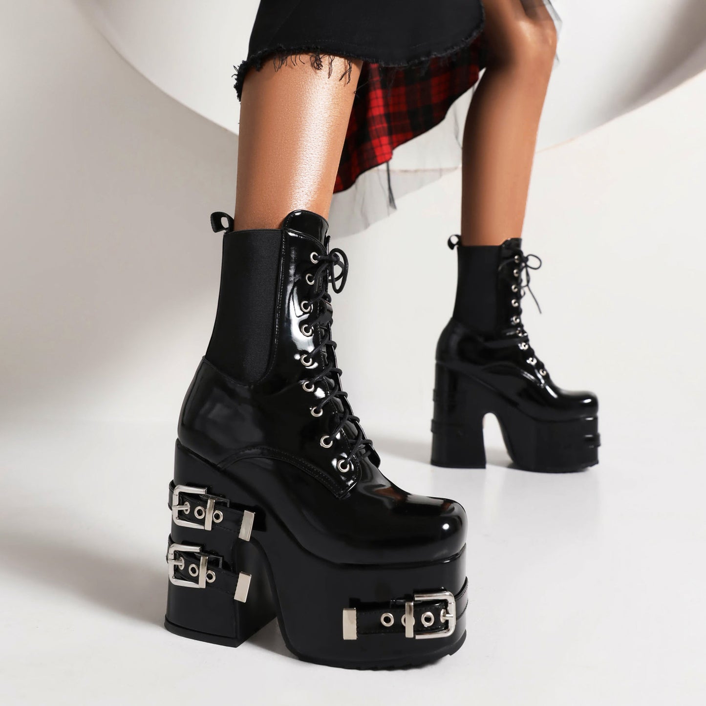 Women's Glossy Square Toe Lace Up Stretch Buckle Straps Block Chunky Heel Platform Short Boots