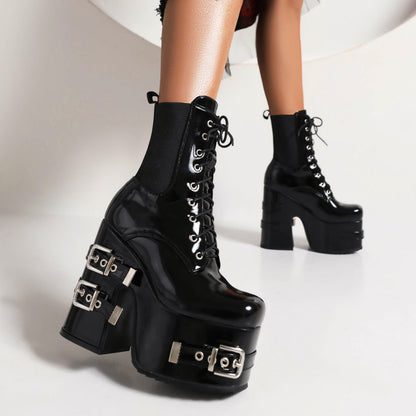 Women's Glossy Square Toe Lace Up Stretch Buckle Straps Block Chunky Heel Platform Short Boots