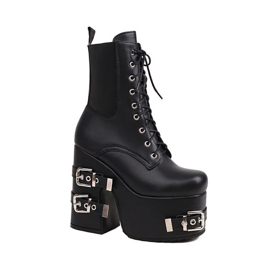 Women's Glossy Square Toe Lace Up Stretch Buckle Straps Block Chunky Heel Platform Short Boots