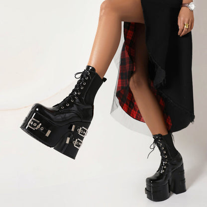 Women's Glossy Square Toe Lace Up Stretch Buckle Straps Block Chunky Heel Platform Short Boots