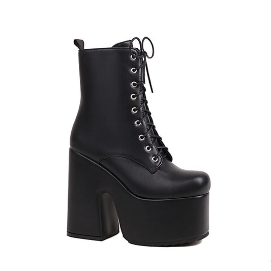 Women's Pu Leather Square Toe Lace Up Side Zippers Block Chunky Heel Platform Short Boots