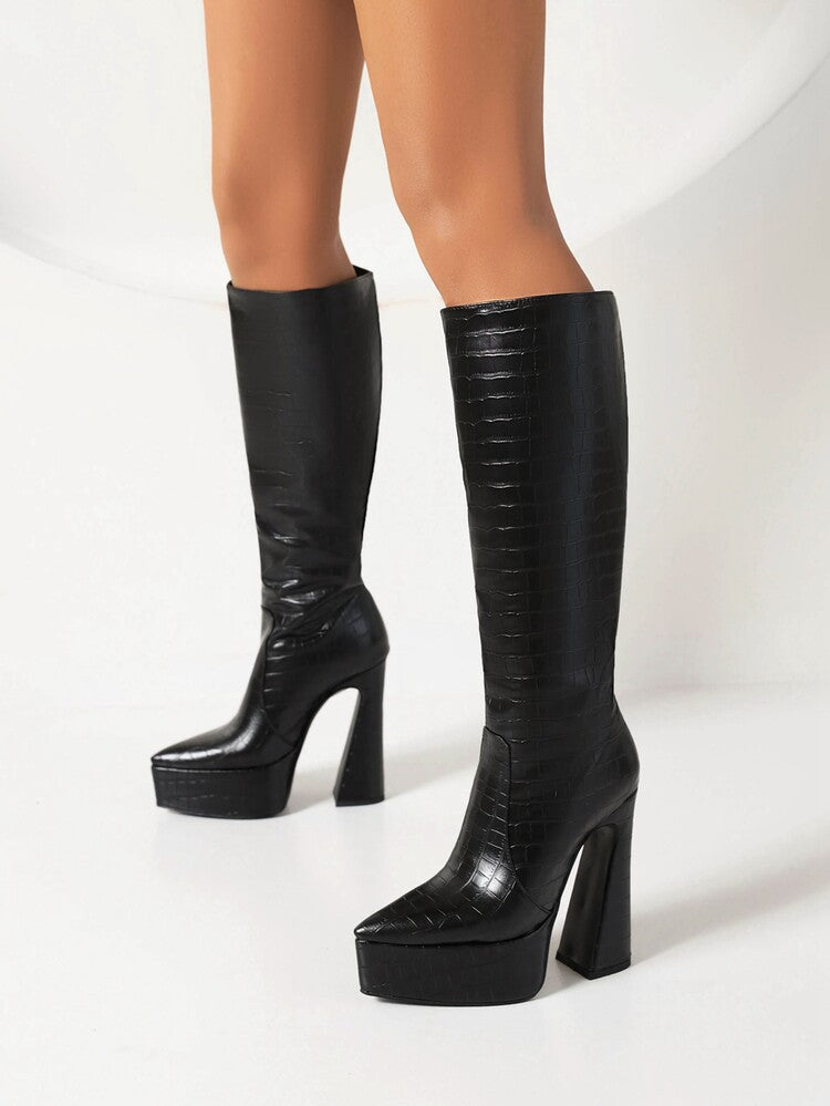 Women's Pointed Toe Chunky Heel Platform Knee High Boots