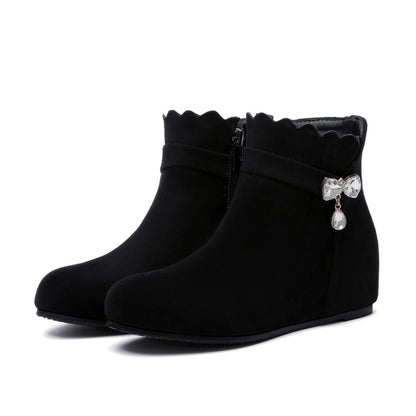 Women's Booties Rhinestone Bows Ruffles Inside Heighten Short Boots