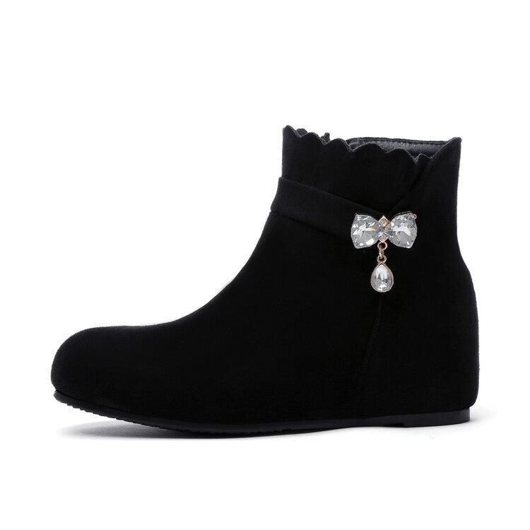 Women's Booties Rhinestone Bows Ruffles Inside Heighten Short Boots