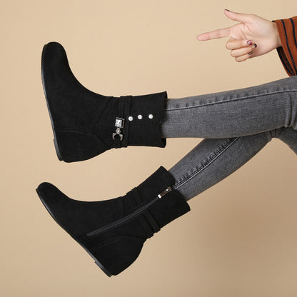 Women's Round Toe Rhinestone Buckles Inside Heighten Mid Calf Boots