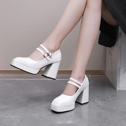 Women Square Toe Shallow Mary Janes Block Heel Platform Pumps