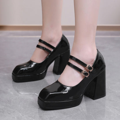 Women Square Toe Shallow Mary Janes Block Heel Platform Pumps