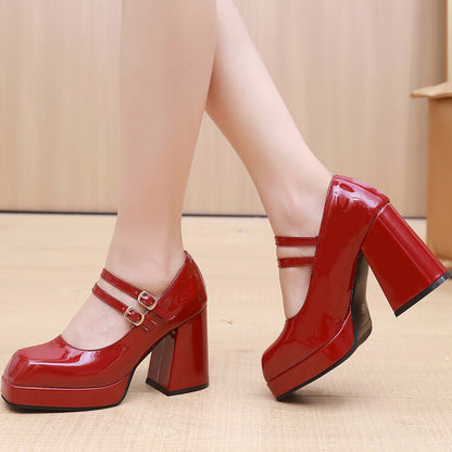 Women Square Toe Shallow Mary Janes Block Heel Platform Pumps