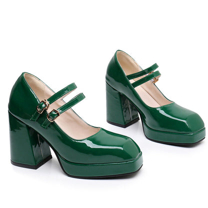 Women Square Toe Shallow Mary Janes Block Heel Platform Pumps