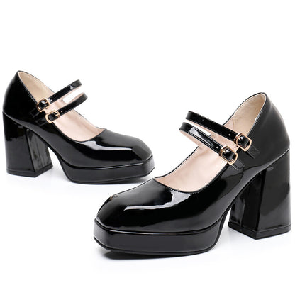 Women Square Toe Shallow Mary Janes Block Heel Platform Pumps