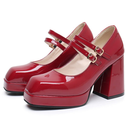 Women Square Toe Shallow Mary Janes Block Heel Platform Pumps