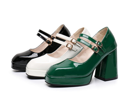 Women Square Toe Shallow Mary Janes Block Heel Platform Pumps