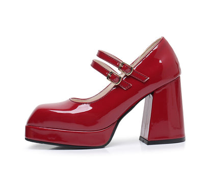 Women Square Toe Shallow Mary Janes Block Heel Platform Pumps