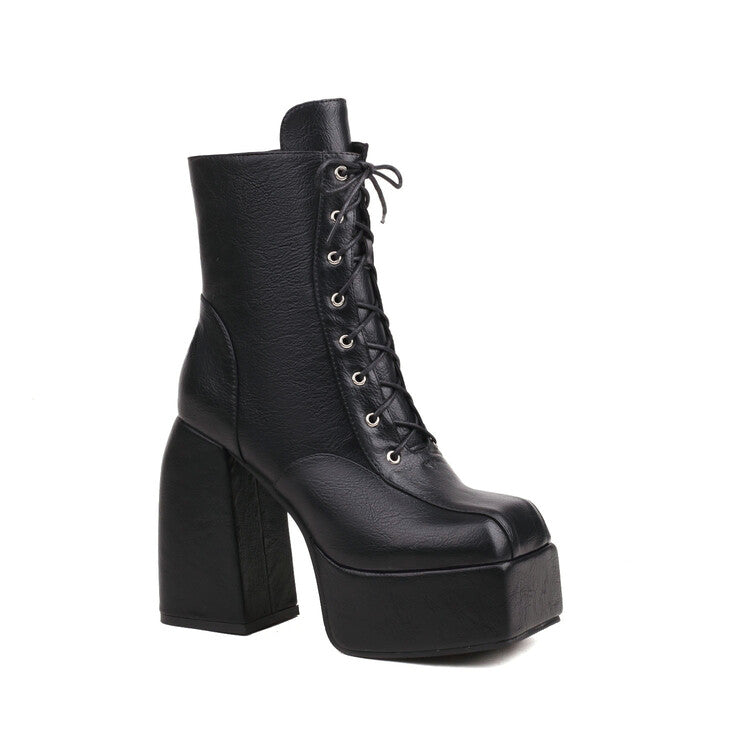 Women's Square Toe Lace-Up Side Zippers Block Chunky Heel Platform Ankle Boots