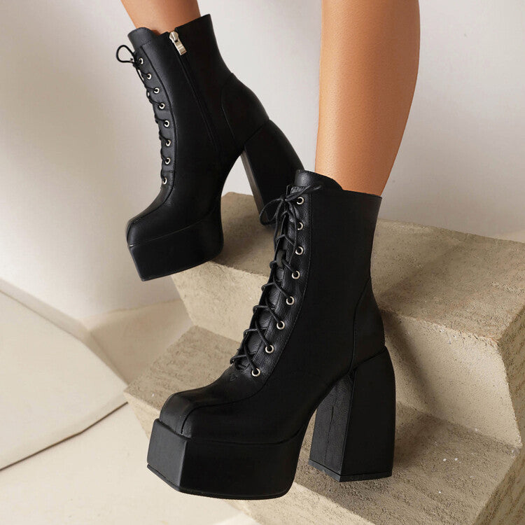 Women's Square Toe Lace-Up Side Zippers Block Chunky Heel Platform Ankle Boots