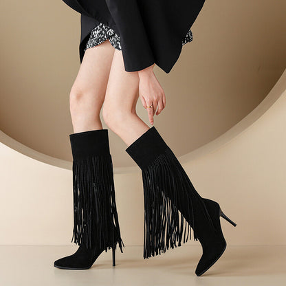 Women's Pointed Toe Tassel Stiletto Heel Knee-High Boots