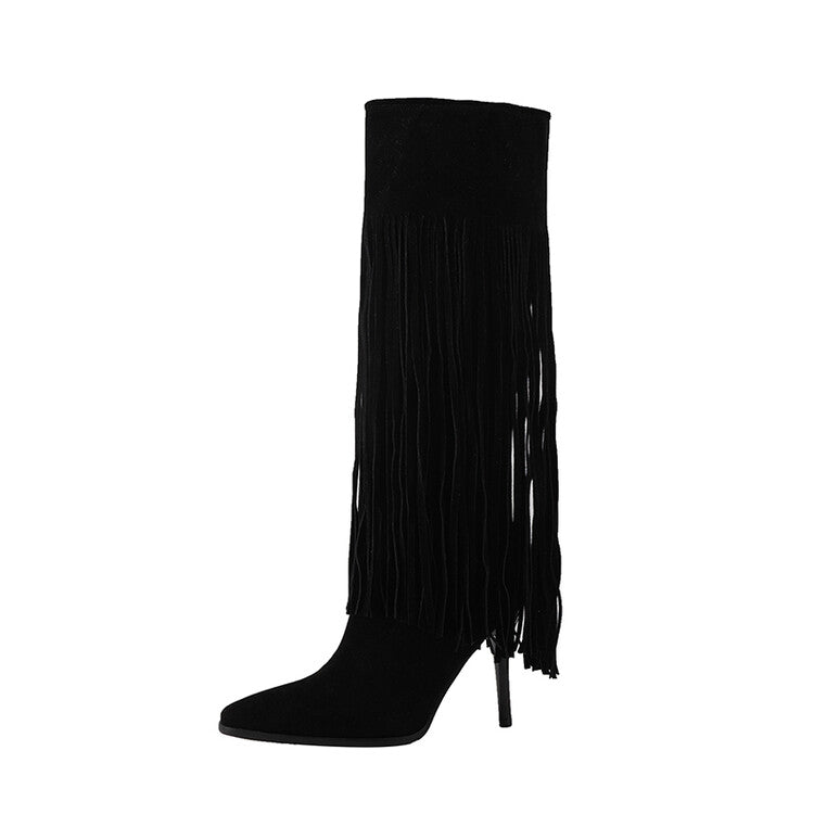 Women's Pointed Toe Tassel Stiletto Heel Knee-High Boots