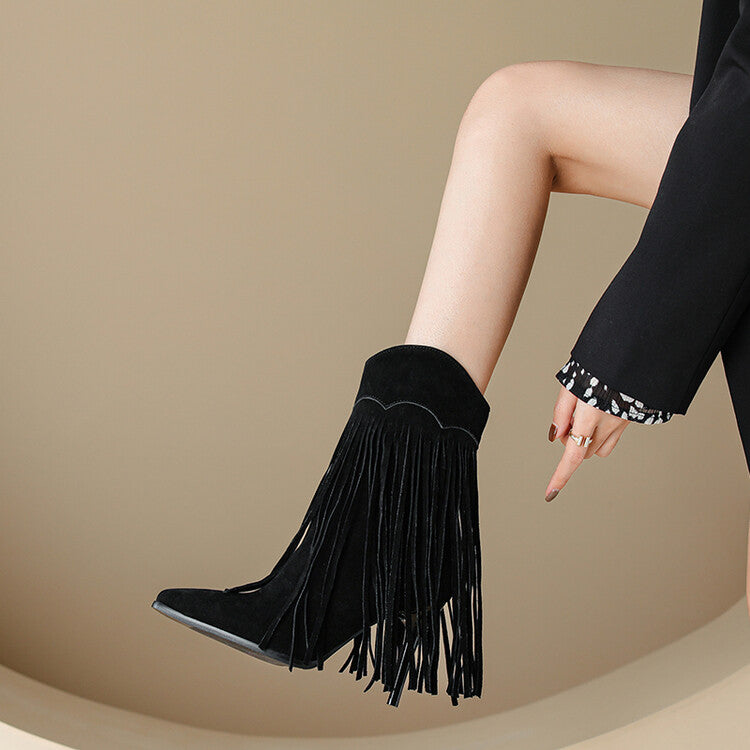 Women's Pointed Toe Tassel Stiletto Heel Mid-Calf Boots