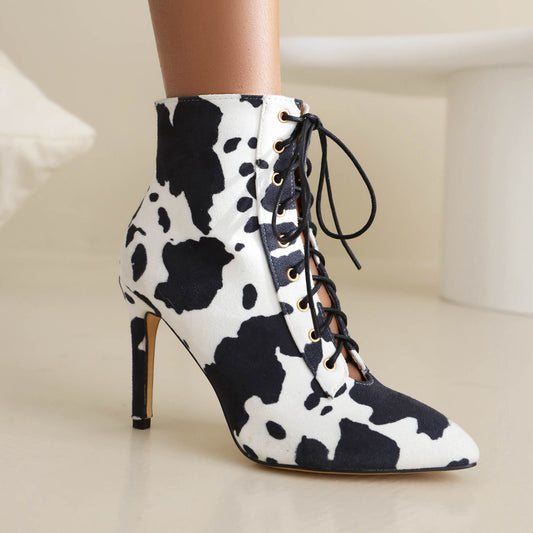 Women's Cow Leopard Print Pointed Toe Lace-Up Stiletto Heel Ankle Boots