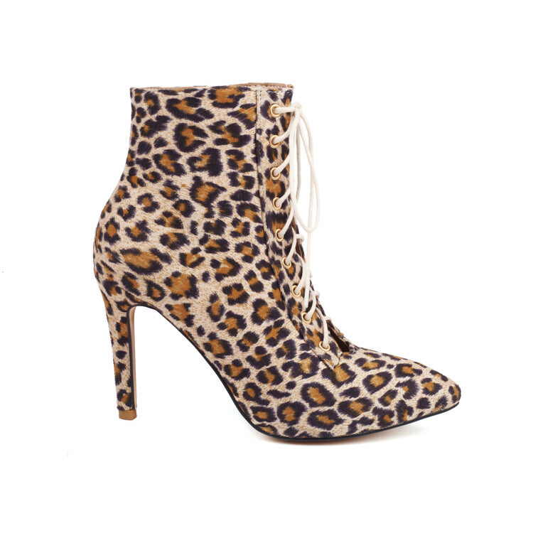 Women's Cow Leopard Print Pointed Toe Lace-Up Stiletto Heel Ankle Boots