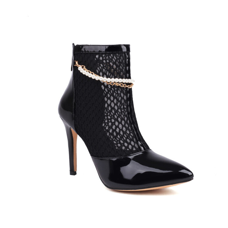 Women's Glossy Pointed Toe Mesh Pearls Chains Stiletto Heel Ankle Boots