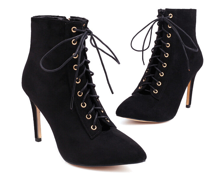 Women's Pointed Toe Lace-Up Side Zippers Stiletto Heel Ankle Boots