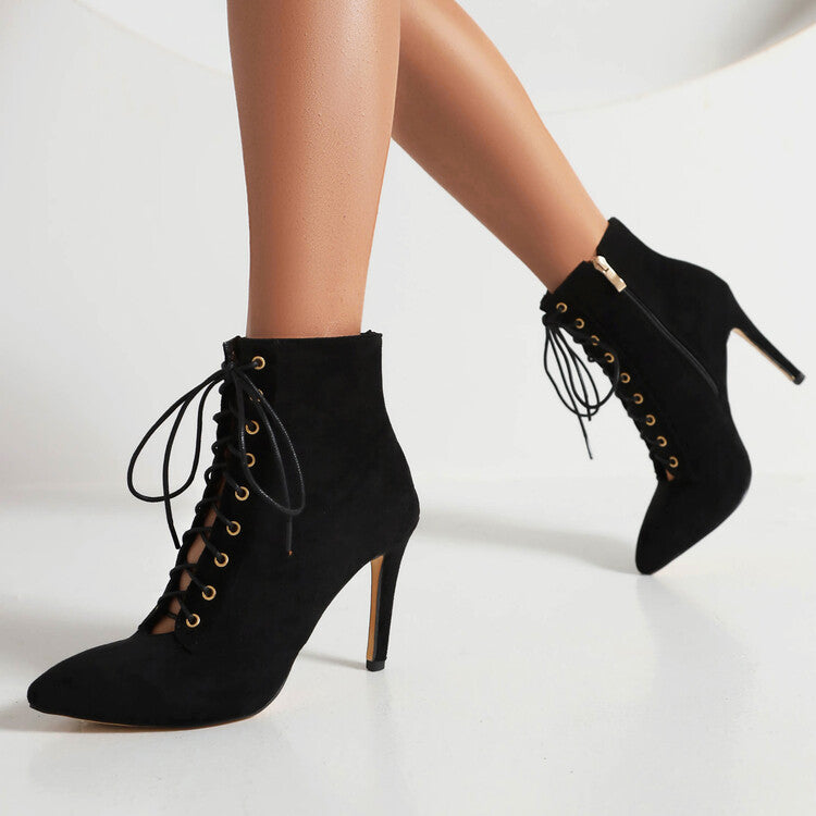 Women's Pointed Toe Lace-Up Side Zippers Stiletto Heel Ankle Boots