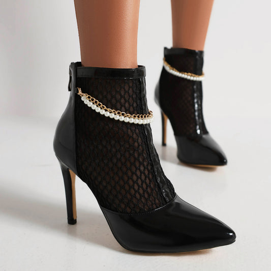 Women's Glossy Pointed Toe Mesh Pearls Chains Stiletto Heel Ankle Boots