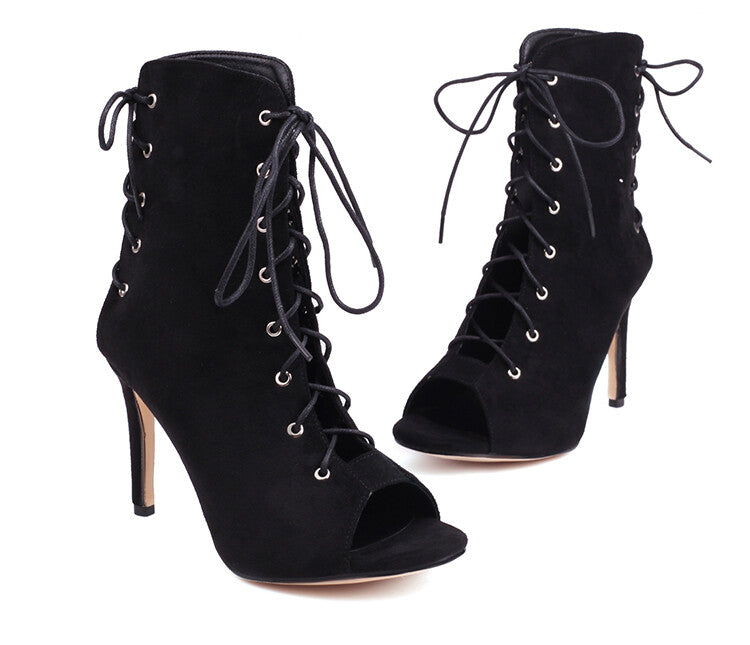 Women's Peep Toe Crossed Tied Lace-Up Stiletto Heel Ankle Boots