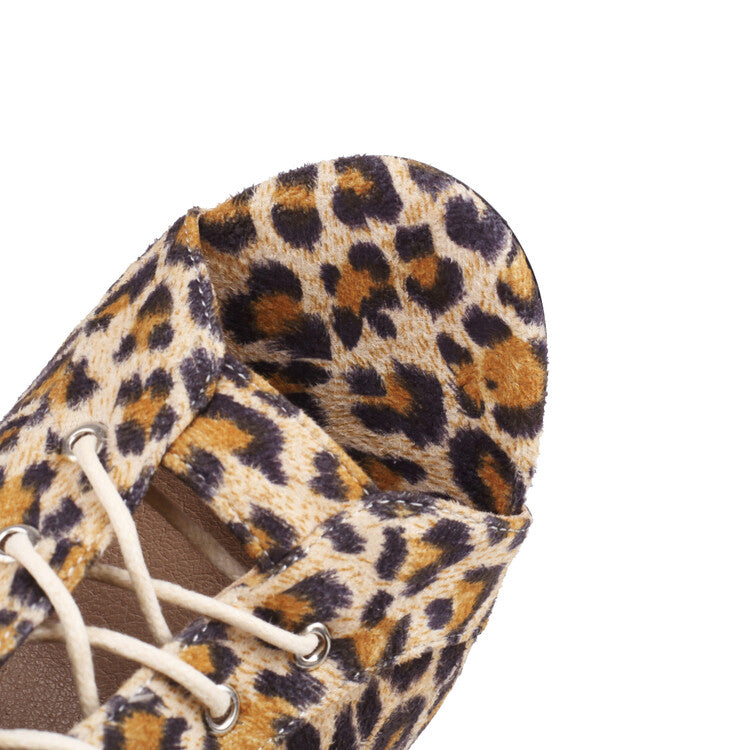 Women's Cow Leopard Print Peep Toe Lace-Up Stiletto Heel Ankle Boots