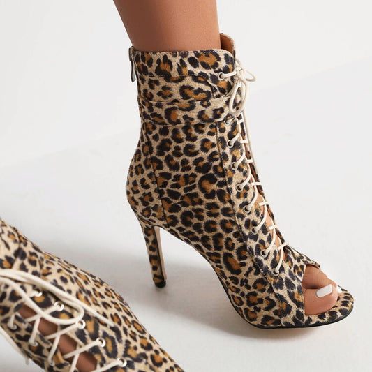 Women's Cow Leopard Print Peep Toe Lace-Up Stiletto Heel Ankle Boots