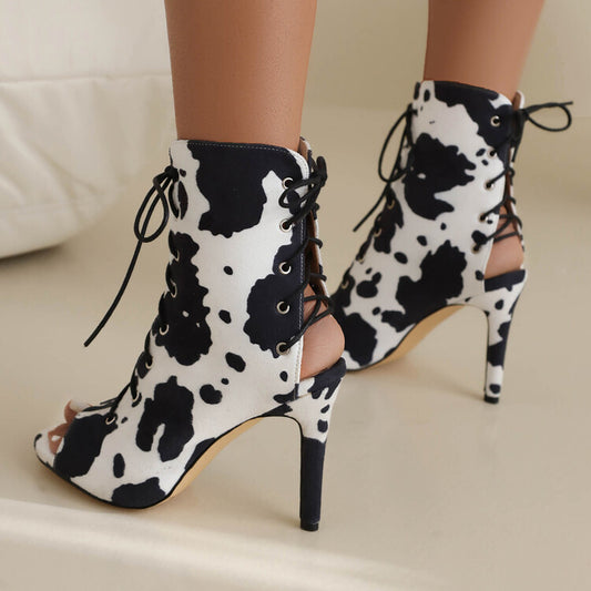 Women's Cow-printed Peep Toe Lace-Up Stiletto Heel Ankle Boots