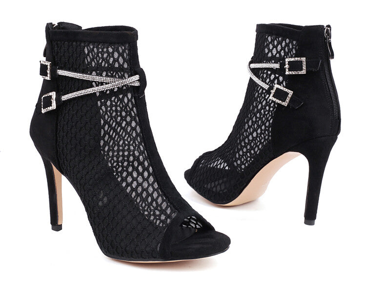 Women's Peep Toe Mesh Rhinestone Chains Stiletto Heel Ankle Boots
