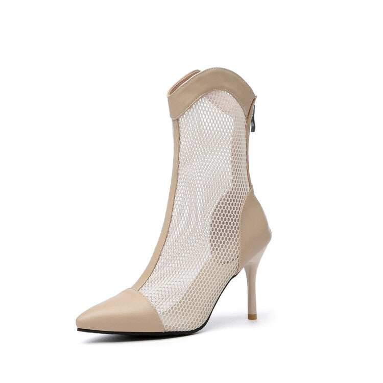 Women's Pointed Toe Mesh Stiletto Heel Mid Calf Boots