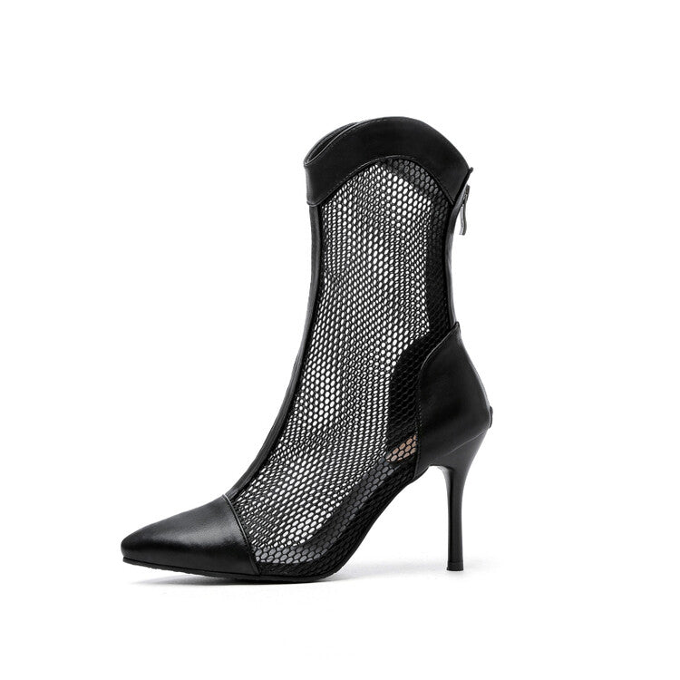 Women's Pointed Toe Mesh Stiletto Heel Mid Calf Boots