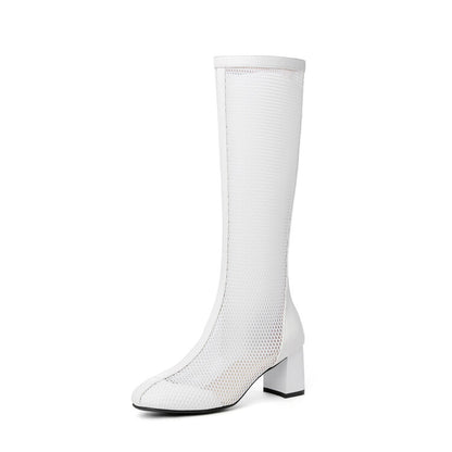 Women's Round Toe Mesh Block Chunky Heel Knee High Boots