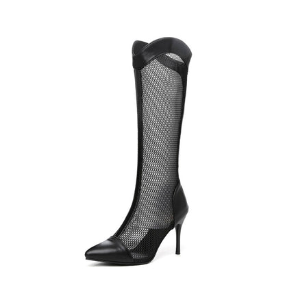 Women's Pointed Toe Mesh Stiletto Heel Knee High Boots