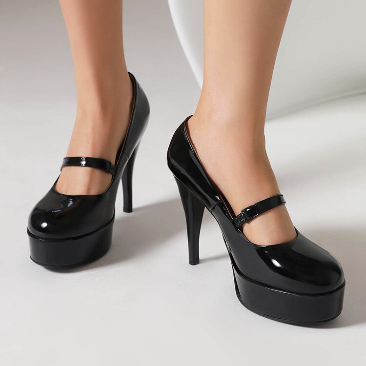 Women's Round Toe Cone Heel Mary Jane Platform Pumps