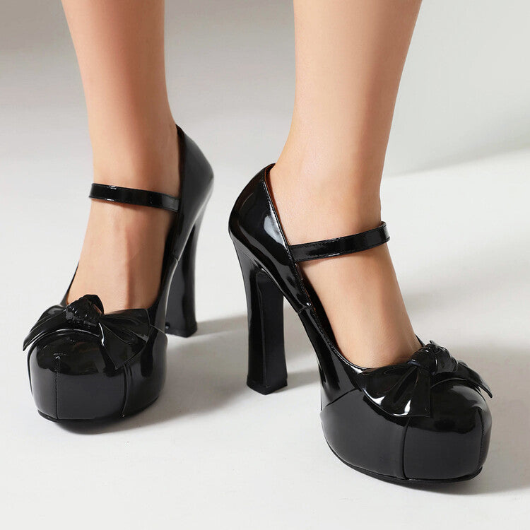 Women's Bow Tie Shallow Chunky Heel Mary Jane Platform Pumps