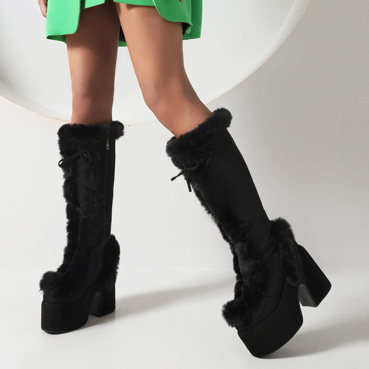 Women's Furry Chunky Heel Mid Calf Platform Boots