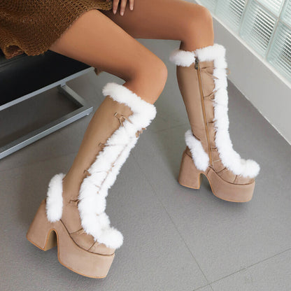 Women's Furry Chunky Heel Mid Calf Platform Boots